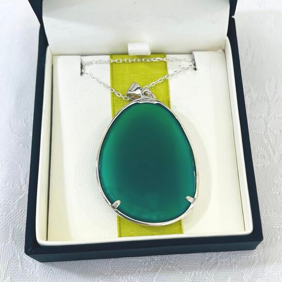 JMH Sterling Silver Shamrock Green Onyx Pendant Necklace Ireland Irish Clover - Picture 4 of 10